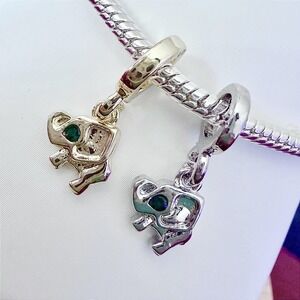 Silver Elephant Bead Charm Fits Snake Chain Bracelet Green Eye